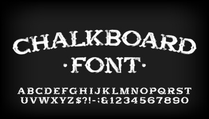 Chalkboard alphabet font. Hand drawn letters, numbers and symbols. Stock vector typeface for your design.