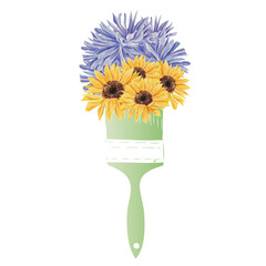 Watercolor paint brush silhouette of wildflowers, sunflowers in Ukrainian flag colors. Vivid logo. For prints, cards, posters, packaging, magazines, advertising, t-shirt. Stand with Ukraine concept