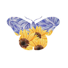 Watercolor butterfly silhouette of wildflower, sunflowers in Ukrainian flag colors. Vivid logo. For printing, cards, posters, fabric, magazines, advertising, tshirt. No war. Stand with Ukraine concept