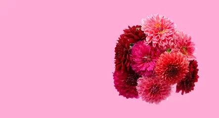 Küchenrückwand glas motiv Bouquet of beautiful dahlia flowers on pink background, space for text. Banner design © New Africa