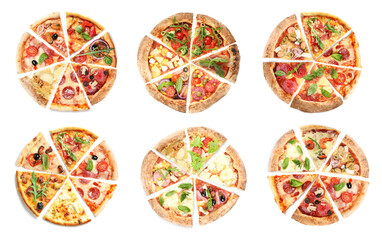 Set with slices of different tasty pizzas on white background, top view