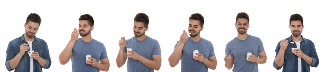 Collage with photos of young man with tasty yogurt on white background. Banner design