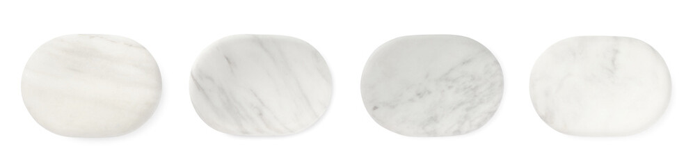 Set with marble spa stones on white background, top view. Banner design