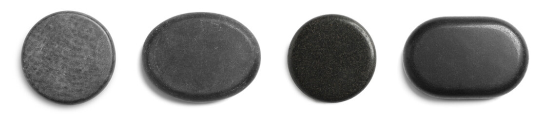 Set with black spa stones on white background, top view. Banner design