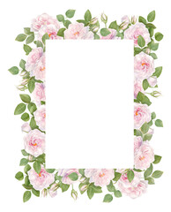 Hand drawn watercolor frame with pink rose flowers