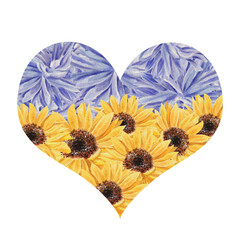Watercolor heart silhouette of wildflowers, sunflowers in Ukrainian flag colors. Vivid template. Stand with Ukraine concept. For T-shirt, posters print, cards, posters, fabric, magazines, advertising
