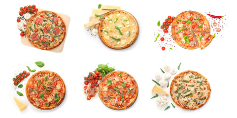 Fototapeta na wymiar Set with different delicious pizzas and ingredients on white background, top view. Banner design