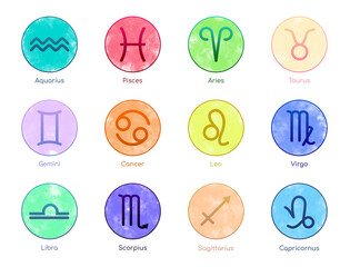 Set with 12 zodiac signs on white background, illustration - obrazy, fototapety, plakaty