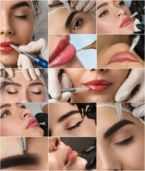 Collage with different photos of women undergoing permanent makeup procedures - obrazy, fototapety, plakaty