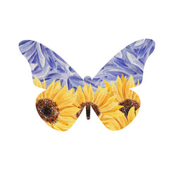 Watercolor butterfly silhouette of wildflower, sunflowers in Ukrainian flag colors. Vivid logo. No war. Stand with Ukraine concept. For printing, cards, posters, fabric, magazines, advertising, tshirt