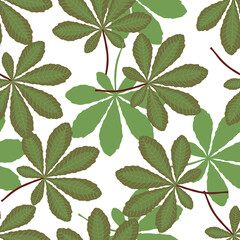 Seamless repeat floral pattern with chestnut leaves in  green.Colorful natural organic background and texture for printing on fabric and paper.Vector hand drawn isolated illustration.
