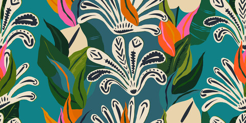 Modern exotic ethnic floral jungle pattern. Collage contemporary seamless pattern. Hand drawn cartoon style pattern. - 507593711