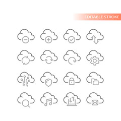 Obraz premium Cloud data storage vector icon set. Upload, download service sharing outline icons.