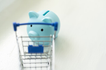 Toy shopping cart and Piggy bank. Consumer society trend