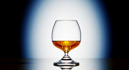 3D Golden brown Whisky in beautiful luxury glass on shiny gradient dark blue background