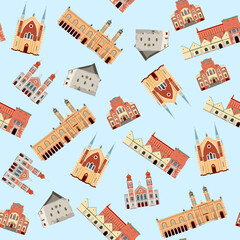 Synagogues in Kharkiv, Pilsen, Budapest, Erfurt, Cracow, Caransebes.  Seamless background pattern - obrazy, fototapety, plakaty