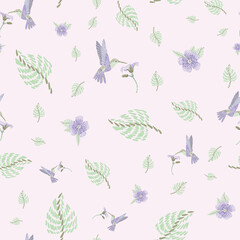 vector seamless flying hummingbird feeding with big leaf floral pattern, spring summer time, gentle romantic on a soft pink background allover print design. Print for textiles, wallpaper or print.