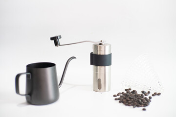 Coffee drip equipment with coffee bean on white background