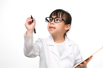 Portrait of a little scientist holding a clipboard with a pen thinking on a white background. A...