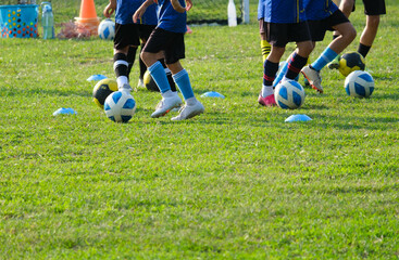 Group of school children running and kicking soccer balls on grass field. Kids practicing football...