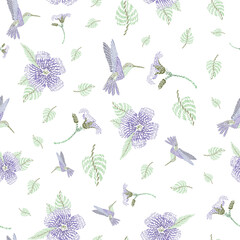 vector seamless flying hummingbird feeding with big floral leaf pattern, spring summer time on a white background allover print design. Print for bed linen. trend print for textiles and wallpaper © Laurie