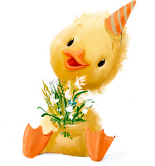 Cute duckling with floral bouquet