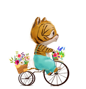 cute little tiger with flowers on bicycle