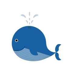 Zelfklevend Fotobehang Blauwe vinvis met water dat door blaasgat wordt verdreven dat op witte achtergrond wordt geïsoleerd. Cartoon zeedier. Leuke vectorillustratie van aquatisch wezen © Nadia Stam