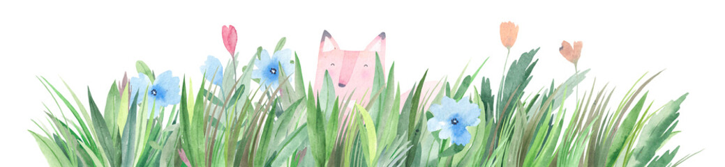 Cute fox sit in the grass. Hand drawn watercolor grass and flowers isolated on white background. Abstract grass. Spring. Summer.