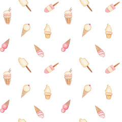 Watercolor seamless pattern with ice cream. Hand drawn ice cream design.