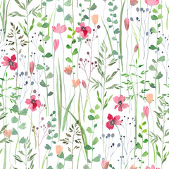 Cute seamless pattern with different wild flowers. Watercolor background for fabric, textile, nursery wallpaper. Meadow with wild flowers. Summer background.