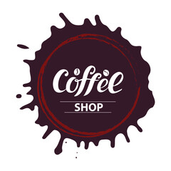 Coffee shop. Vector hand lettering. White letters with coffee beans in brown circle on the coffee colored background. Digital illustration for cafe shop packaging ads flyer banner poster card. Trendy.