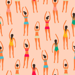 Summertime vintage seamless pattern. Cartoon characters. Vector illustration in flat style.