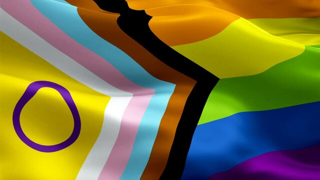 LGBT flag diversity Rainbow Intersex Inclusive flag video waving in wind. Gay Pride flag background. Rainbow diversity Looping Closeup 1080p Full HD 1920X1080 footage. Inclusive Pride flags of legaliz