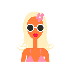 Flat vector illustration of woman avatar. Cute cartoon character. Young and beautiful woman. Summer time female portrait. Isolated on white.