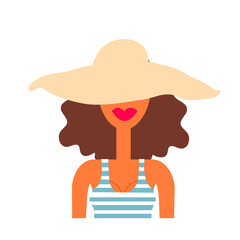Flat vector illustration of woman avatar. Cute cartoon character. Young and beautiful woman. Summer time female portrait. Isolated on white.