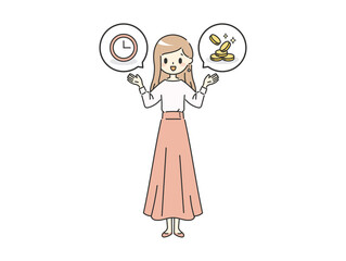 時間とお金の吹き出しを比べるスカート女性【ピンク】【全身】