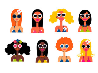 Fashion illustration. Young beautiful women wearing sunglasses and bikini. Flat. Cartoon characters. Vector.