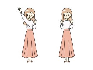 元気なポーズをするスカート女性【ピンク】【全身】