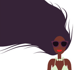 Young beautiful woman with long luxure hair, wearing sunglasses and bikini.  Cartoon character. Vector illustration.