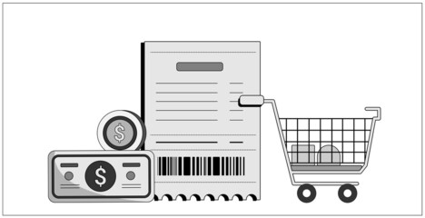 Bill Payment with shopping cart and money black and white line art Illustration Concept 