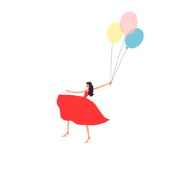 Young beautiful woman flying with air balloons. Vector illustration.