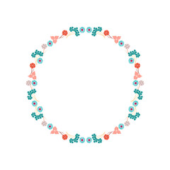 Elegant Floral Wreath. Tiny Cute Flowers, Leaves and Branches. Border Frame For Invitation Cards, Wedding Decoration, Romantic Ornaments. Vector Illustration.