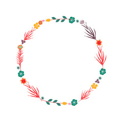 Elegant Floral Wreath. Tiny Cute Flowers, Leaves and Branches. Border Frame For Invitation Cards, Wedding Decoration, Romantic Ornaments. Vector Illustration.