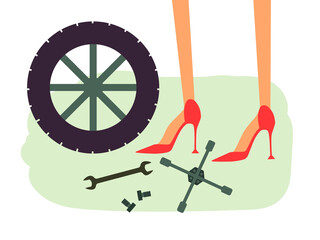 Woman in red high heels changing the tire. Cartoon vector illustration.Basic RGB