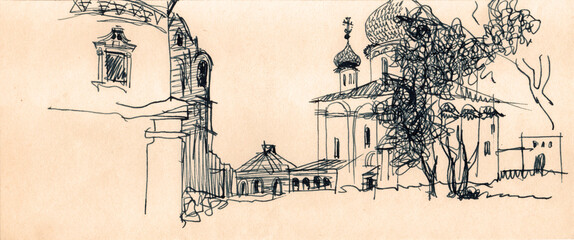 Architectural landscape with the Russian monastery back yard, church with wooden shingles on the onion domes, old houses ruins. Black and white ink and pen drawing on beige paper - obrazy, fototapety, plakaty