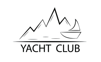 Yacht club. Digital logo of lineart with hand lettering. Yacht mountains and water. Black lines on the white background. Logotype for yacht business cards flyer banner poster brochure competition.