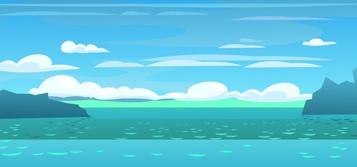 Fototapeta na wymiar Cartoon style coastal harbor ocean. Blue sea. Marine view. Rocks with passage for ships. Sea on horizon. Summer clouds. illustration vector