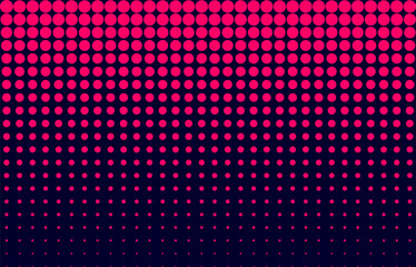 Pink halftone on dark blue background. Retro 80s background. Abstract vertical halftone gradient pattern. Pop art comics backdrop. Purple blue dotted wallpaper. Vector illustration, flat, clip art. 