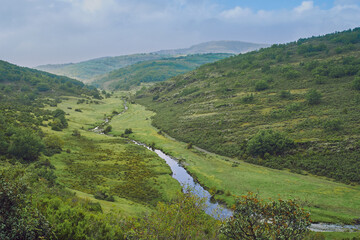 Fototapeta premium River running through the meadow in a green valley with mountains in the background